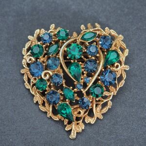 Coro Heart Brooch Pin Gold Tone Green Blue Rhinestone Leaf Filigree Vintage